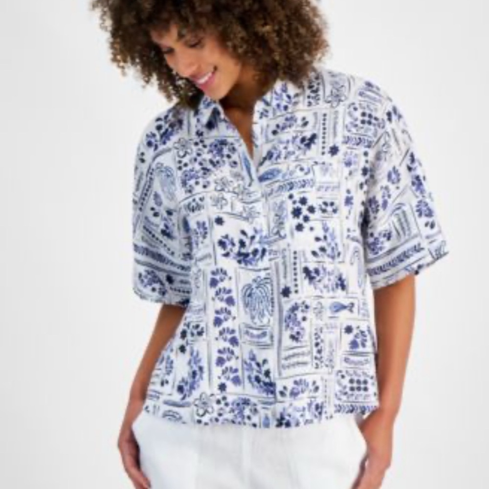 Charter Club Blue and White Printed Blouse